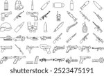 War Defense Military Gun, Bullet and Bomb icon set for logo and t-shirt. Thin line art editable stroke vector.