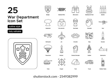 Conjunto de iconos de línea del Departamento de Guerra: centros de mando, liderazgo militar e iconos de planificación estratégica