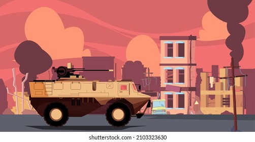 War destruction. Damaged buildings military transport tank army vehicles soldiers combat mission for destroyed living city apocalipsis garish vector colored background