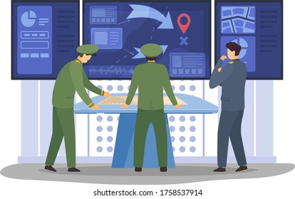 War Digital Control Panel, Military Operation Management Senior Management Military Personnel Isolated On White, Flat Vector Illustration. Character Male Officer, Command Analyst Staff.