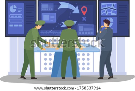 War digital control panel, military operation management senior management military personnel isolated on white, flat vector illustration. Character male officer, command analyst staff.