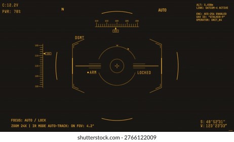 War drone camera viewfinder overlay. Template for military drone retro style colors cam rec. Camera frame vector template. Amber lines Ui on black background. Combat drone UI for games video, photo.