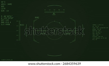 War drone camera viewfinder overlay. Template for military drone cam rec. Camera frame vector template. Green lines Ui on green background. Fantasy combat drone UI frame for games and video, photo.