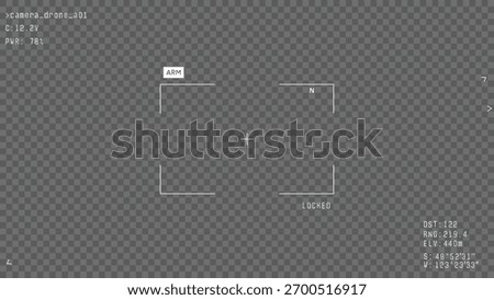 War drone camera viewfinder overlay. Template for military battle drone cam. Camera frame vector. White lines Ui on transparent background. Realistic combat drone UI frame for games video, photo.