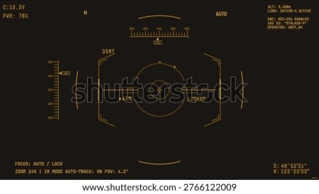 War drone camera viewfinder overlay. Template for military drone retro style colors cam rec. Camera frame vector template. Amber lines Ui on black background. Combat drone UI for games video, photo.