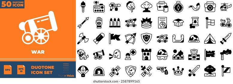 War Duotone Editable Icons set. Vector illustration in modern thin duotone style of war icons: Army, battle, conflict, military, missile, etc