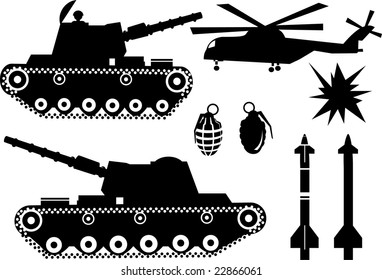War elements like a war tank, a bomb grenade, missiles, helicopter and explosions