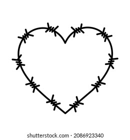 War Fence Barbed Wire Heart Minimal Logo Icon Black Flat Spikes Broken Up Hurt Love Pictogram Symbol 