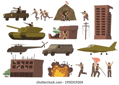 War Flat Icon Set With Destroyed Buildings Military Tanks Explosions Helicopters And Military Aircraft Vector Illustration