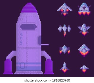 War flying object in outer space flat vector illustration. Rocket on dark purple background. Combat aircraft for alien transportation near lined up rockets. Space pixel game interface design