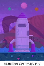 War flying object in outer space vector illustration. Pixelated rocket standing on unknown purple planet. Combat pixel aircraft for alien transportation. Space pixel game interface design element