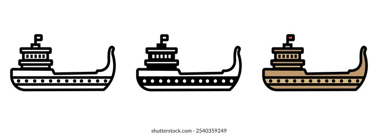 War Galley icon is a swift oared ship used by ancient Roman naval forces for battle and transport featuring sails and rows of oars.