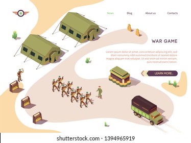 War Game Banner With Military Base Camp In Dessert. Army And Force Vehicles. Soldier In Uniform Marching. Military Tents And Stands With Weapons. Full Combat Alert. Vector Isometric Illustration