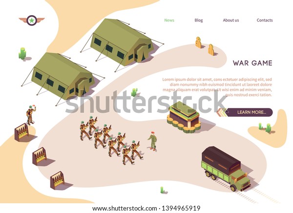 War Game Banner with Military Base Camp in\
Dessert. Army and Force Vehicles. Soldier in Uniform Marching.\
Military Tents and Stands with Weapons. Full Combat Alert. Vector\
Isometric Illustration