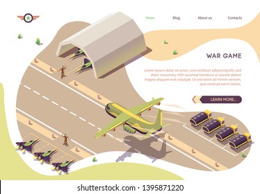 War Game Isometric Banner With Military Airfield, Airport Or Airbase. Vector Jet Fighters, Armored Vehicles Or Fuel Tanks Trucks, Soldiers. Cargo Airplane Landing On Runway. Hangar And Parking Guarded