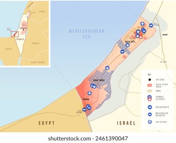 War in Gaza map. Most intensive battle infographic. Vector map illustration. Geopolitacal set concept.