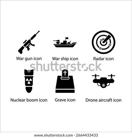 War gun, War ship, Radar, Nuclear boom, Grave, Drone aircraft, icon