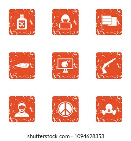 War hacker icons set. Grunge set of 9 war hacker vector icons for web isolated on white background