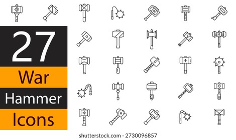 War Hammer Icons Set for Medieval Weapons, Battle Combat, and Fantasy Games