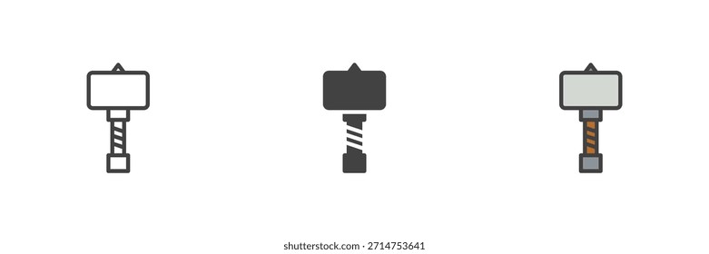 Martillo de guerra arma medieval conjunto de iconos de estilo diferente. Línea, contorno relleno e ícono de Vector de color sólido. Símbolo de arma contundente, signo de combate, icono de caballero.