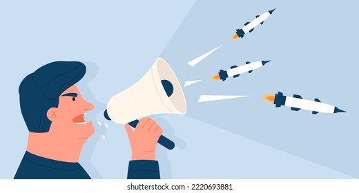 Concepto de propaganda de guerra y odio. Hombre de caricatura propagandista agitador gritando en megáfono, cohetes con bombas volando fuera del ilustrador vectorial de altavoz.