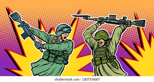 war and hatred. soldiers kill each other. Pop art retro vector illustration kitsch vintage