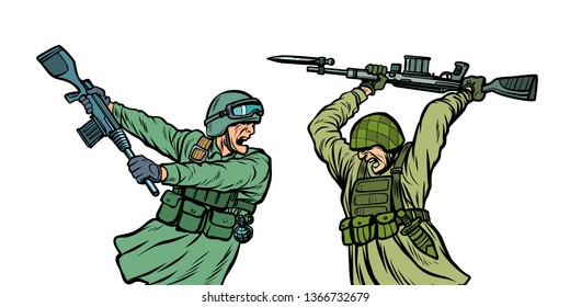 war and hatred. soldiers kill each other. isolate on white background. Pop art retro vector illustration kitsch vintage