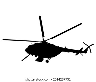 War helicopter flies across the sky. Isolated silhouette on white background