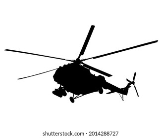 War helicopter flies across the sky. Isolated silhouette on white background