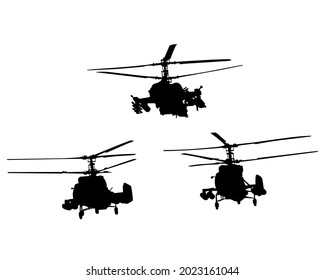 War helicopter flies across the sky. Isolated silhouette on white background