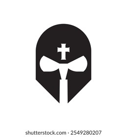 Casco de guerra con el símbolo plano de la silueta del Vector del ornamento cruzado, aislado en el fondo blanco. 