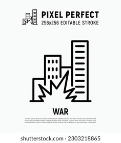 Krieg, Häuserexplosion dünne Linie Symbol. Ruinierte Stadt. Bearbeitbarer Strich. Vektorgrafik.
