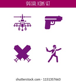 war icon. 4 war set with grenade, pistol, warrior and military helicopter vector icons for web and mobile app