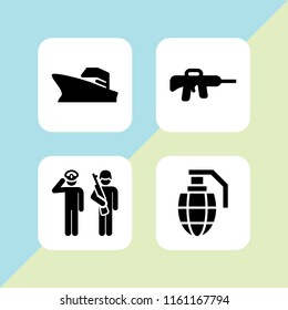 war icon. 4 war set with salute, grenade, warship and gun vector icons for web and mobile app