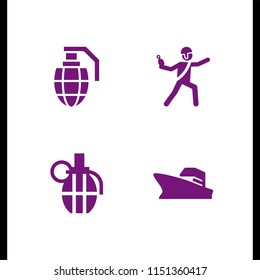 war icon. 4 war set with warship and grenade vector icons for web and mobile app