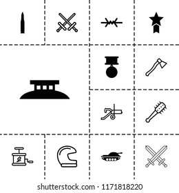 War icon. collection of 13 war filled and outline icons such as medal with star, wire fence, medal, bullet, tank, sword, helmet. editable war icons for web and mobile.