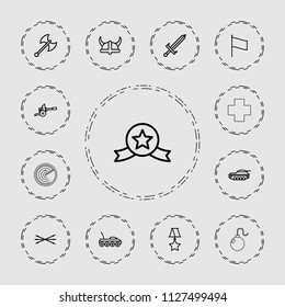 War icon. collection of 13 war outline icons such as medal with star, sword, arrow bow, helmet, axe weapon, medal, flag, cannon. editable war icons for web and mobile.