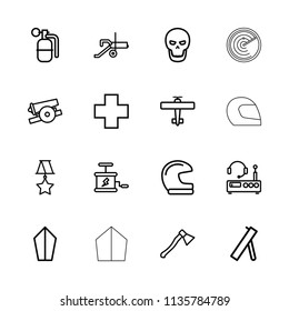 War icon. collection of 16 war outline icons such as helmet, sword, medical cross, dynamite, skull, axe weapon, cannon. editable war icons for web and mobile.