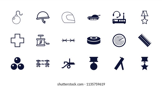 War icon. collection of 18 war filled and outline icons such as medal with star, smoke bomb, canon ball, listening device, medal. editable war icons for web and mobile.