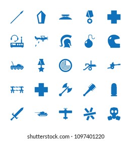 War icon. collection of 25 war filled icons such as radar, helmet, medical cross, medal with star, knight, sword, axe weapon, mace. editable war icons for web and mobile.