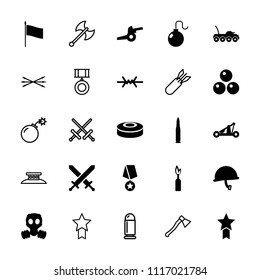 War icon. collection of 25 war filled and outline icons such as medal with star, smoke bomb, catapult, cannon ball, wire fence, gas mask. editable war icons for web and mobile.