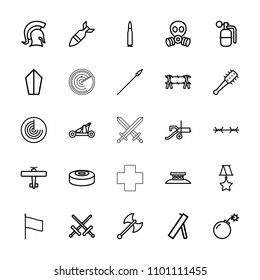 War icon. collection of 25 war outline icons such as radar, sword, bomb, rocket bomb, dynamite, smoke bomb, knight, catapult. editable war icons for web and mobile.