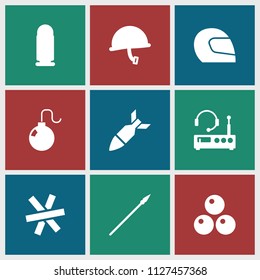 War icon. collection of 9 war filled icons such as rocket bomb, spear, canon ball, wire fence, listening device, bullet, helmet. editable war icons for web and mobile.