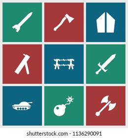 War icon. collection of 9 war filled icons such as bomb, sword, axe weapon, wire fence, cannon, rocket bomb. editable war icons for web and mobile.