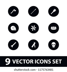 War icon. collection of 9 war filled icons such as skull, smoke bomb, mace, spear, axe weapon, wire fence, cannon, rocket bomb. editable war icons for web and mobile.