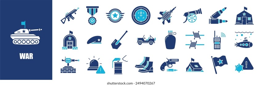 War icon collection set. Containing design,conflict, army, wall, crisis,and more. Solid vector icons collection