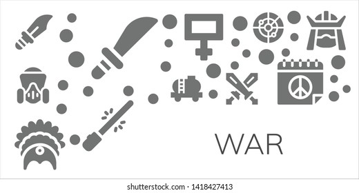 war icon set. 11 filled war icons.  Collection Of - Dagger, Weapons, Gas mask, Tank, Headdress, Swords, Peace, Saber, Radar, Samurai