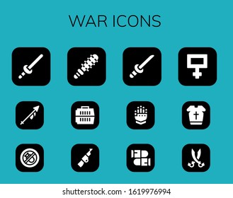 war icon set. 12 filled war icons.  Simple modern icons such as: Sword, Lance, Bombing, Mace, Carrier, Rifle, Katana, Gauntlet, Bullets, Peace, Armour, Sabers