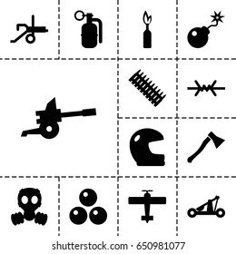 War icon. set of 13 filled waricons such as bomb, dynamite, catapult, axe weapon, canon ball, wire fence, gas mask, cannon, ammo, plane