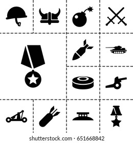 War icon. set of 13 filled waricons such as bomb, rocket bomb, smoke bomb, catapult, helmet, wire fence, medal, cannon, war helmet, tank, medal with star